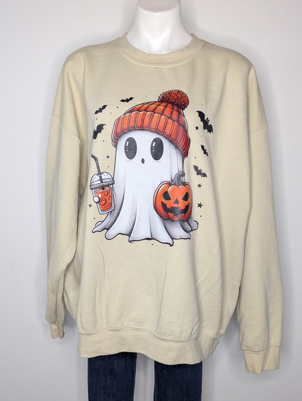 Cream White Orange Fall Halloween Holiday Jack-o'-lantern Ghost Sweatshirt 2XL